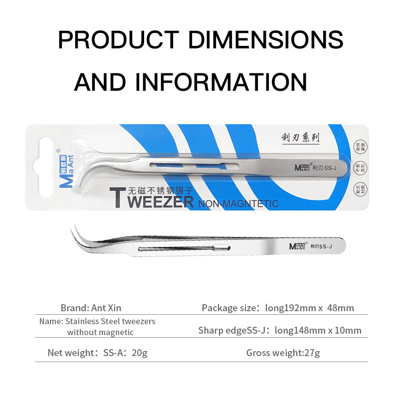 MaAnt SS-J  Sharp Edge Magnetic Free Stainless Steel Tweezers